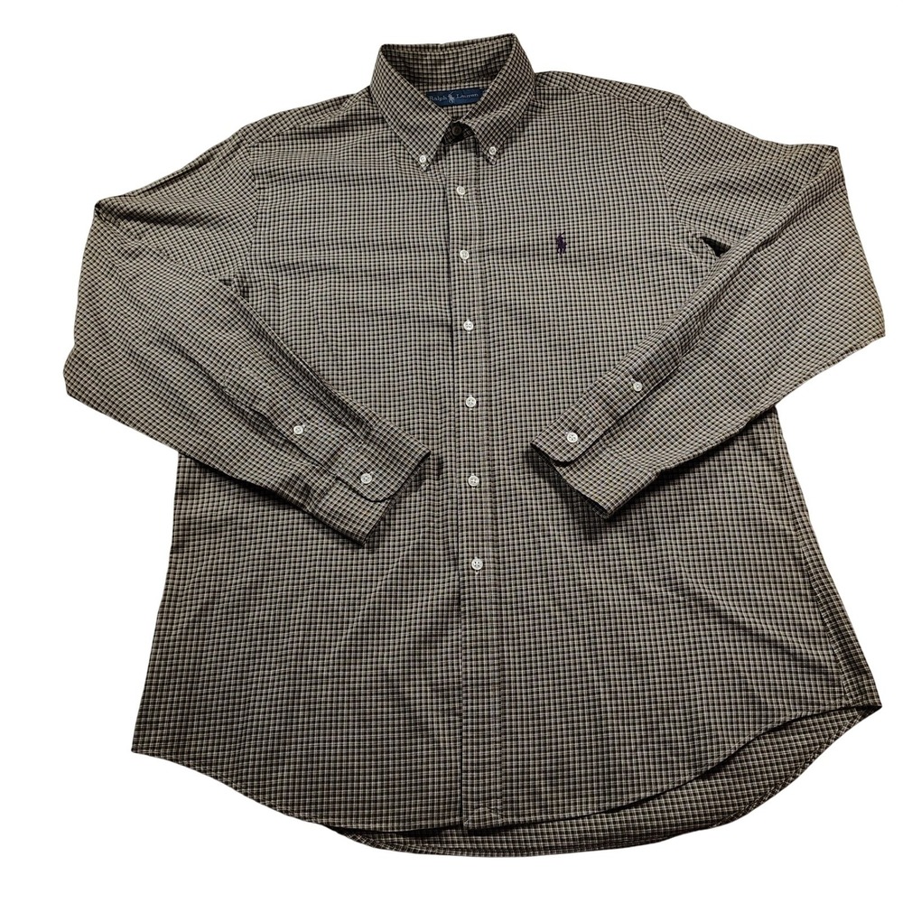 Ralph Lauren Mens Olive Green White Mini Check Button Down Shirt Purple Pony XL